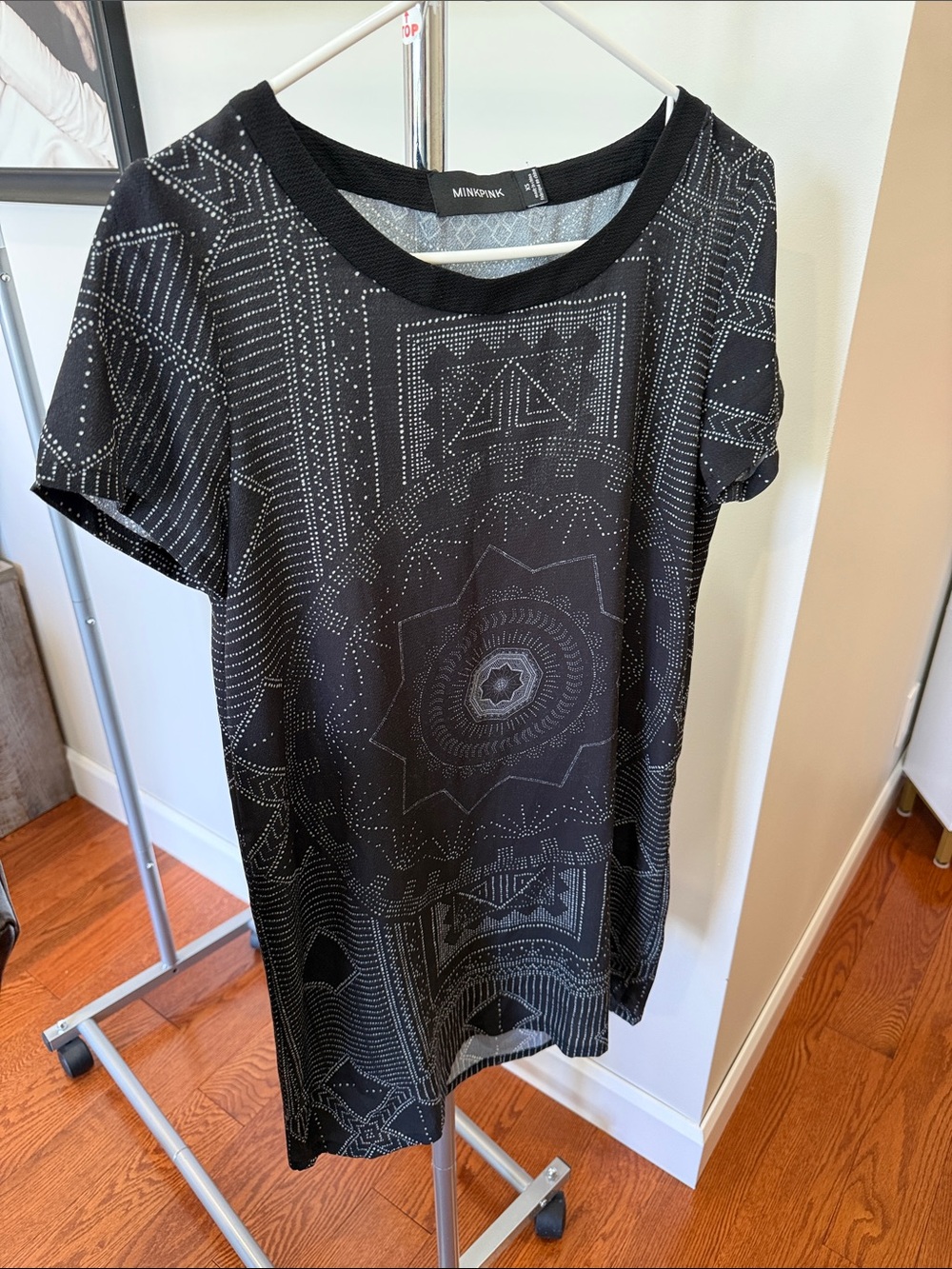MINKPINK Black Tee Dress with White Dot Mandala Print